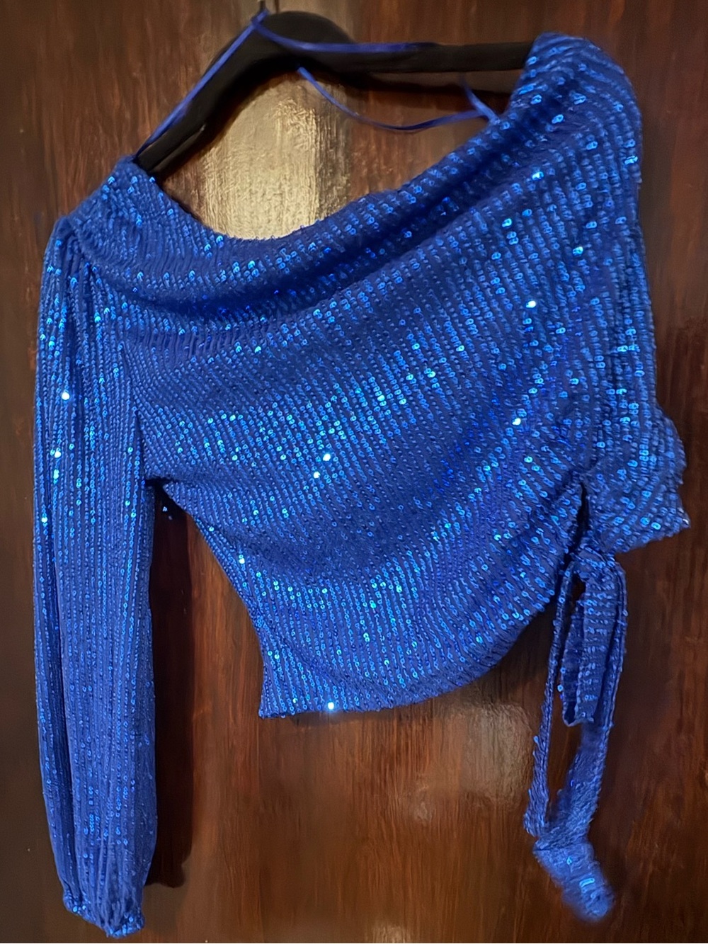 Bundle 3 for $25. NWT Blue Sequin One-Shoulder Ruched Crop Top. Size S.